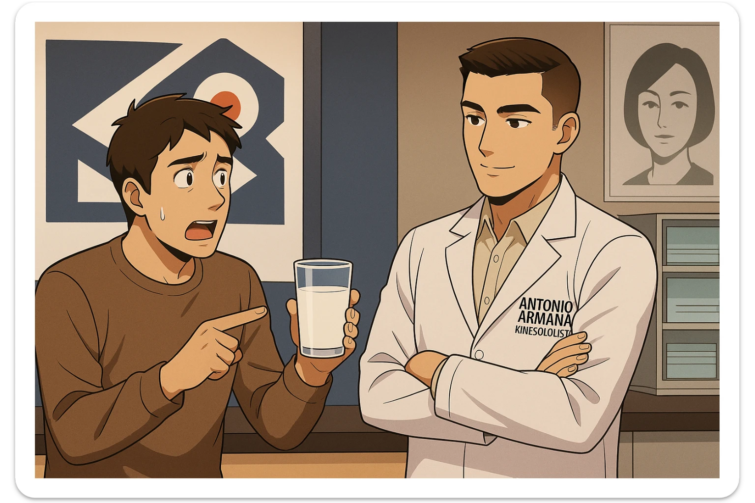 fai un webtoon manga a colori con questo stile, in cui un uomo chiede al kinesiologo con il camice bianco (fagli anche la scritta "ANTONIO ANANIA" SUL CAMICE, una domanda e il kinesiologo gli risponde, L'UOMO INDICA IL BICCHIERE DI LATTE CHE HA IN MANO ED è MOLTO ALLARMATO NEL FARE LA DOMANDA. non fare i fumetti però, fai solo in modo che sembri stiano parlando sticker
