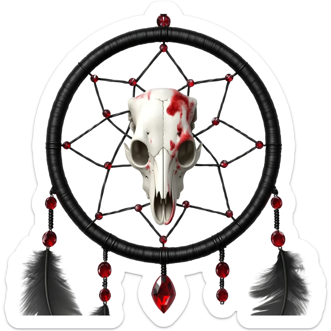 Blood-red, bloody, obsidian-black, edgy, dream catcher, red gemstones, black wire, black threads, white animal skull, white feathers, badass, evil, gorgeous aesthetic, gothic decoration sticker