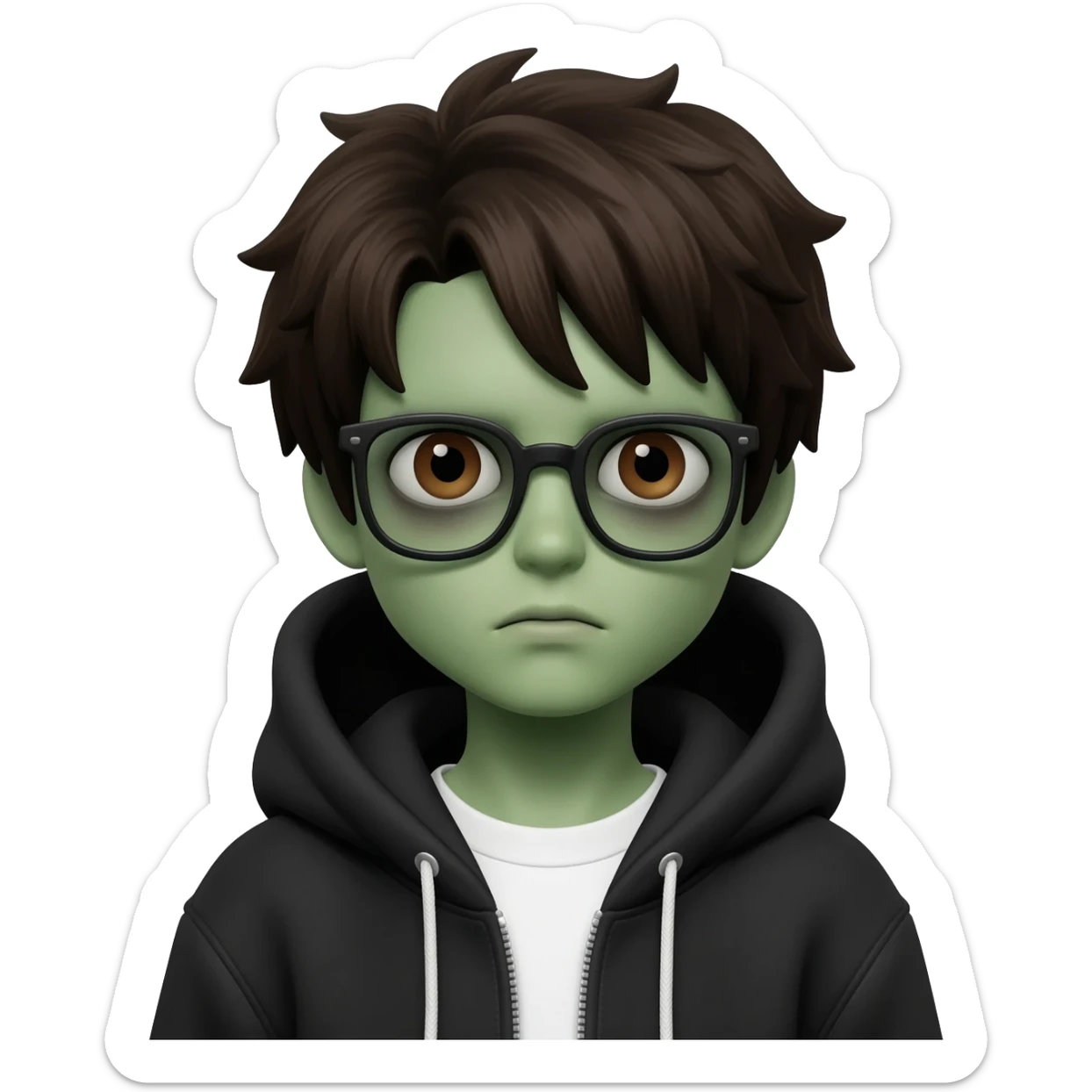 zombie boy with white tshirt and black brownish hair and with black glasses frames on hair is texturized young boy and round face more green face and dark brown eyes black thick cotton y2k hoodie with the white t-shirt under it hood of hoodie is standing up a slight bit and no ties on hoodie sticker