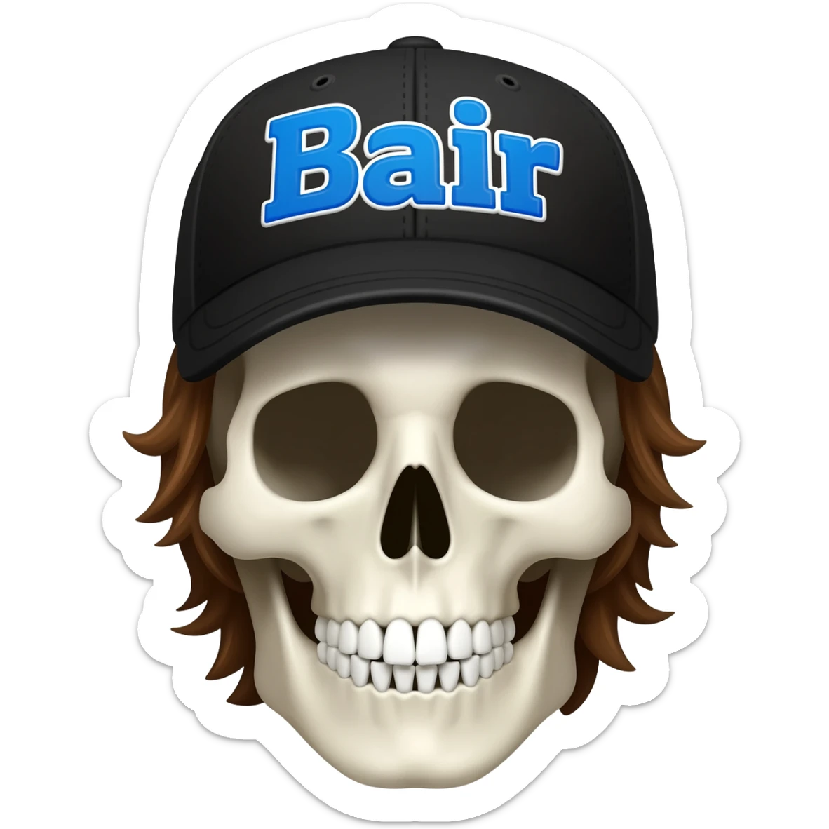 Create a skeleton head wearing a black baseball cap that says " Bair " in blue, and white lettering, with brown hair sticker