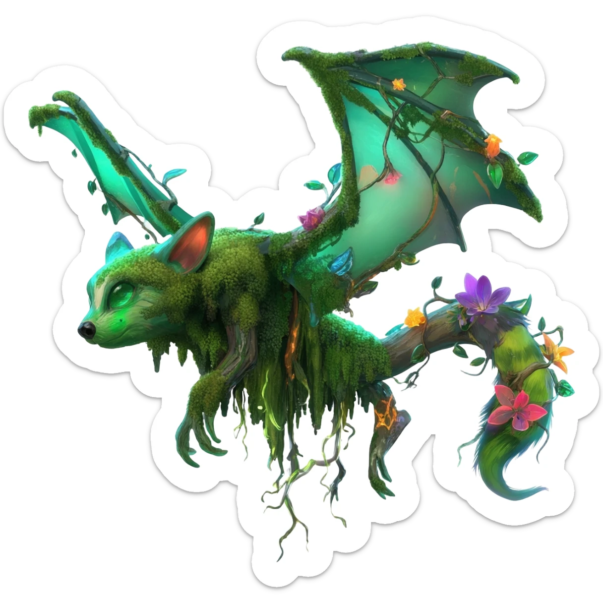 Realistic Sharp swampy mossy elemental ivy floral detailed Colorful translucent luminescent glowing Trico-Noibat-batty-Sergal-Furret-Ferret-Wolverine-Vernid-furry-fursona-fusion-Fakemon-animal-hybrid-creature, full body sticker
