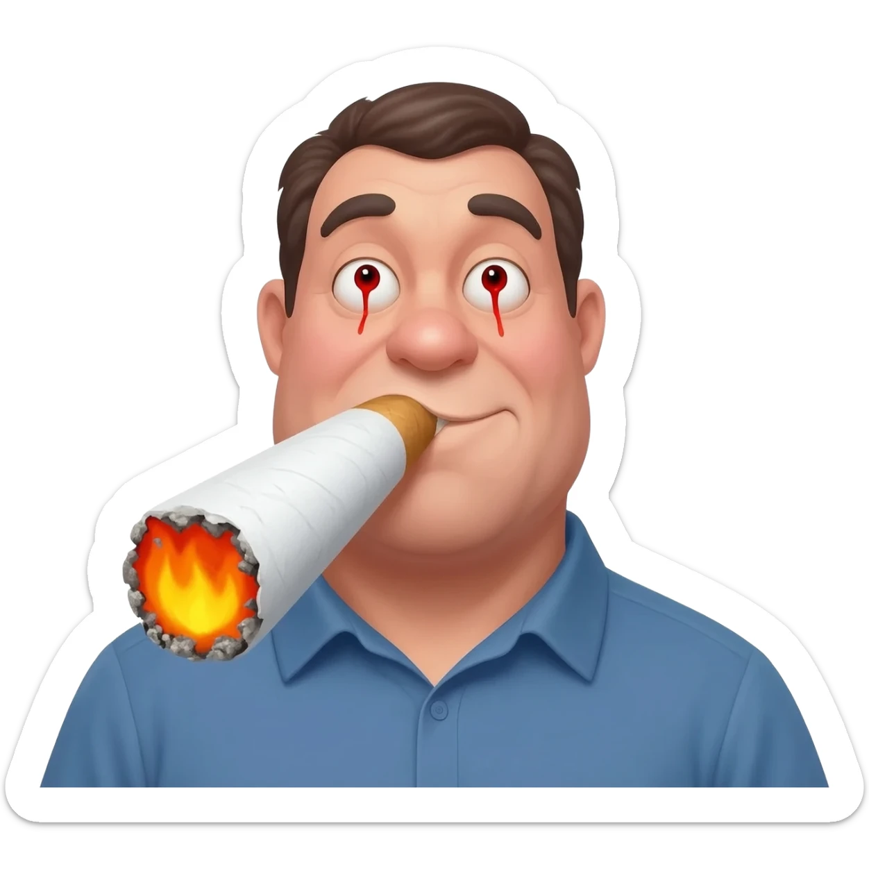 Chubby goofy looking middle aged  white guy with dark brown, but graying hair and bloodshot eyes, Smoking A SUPER HUGE  all white joint without a brown filter with orange and ash with hot ash and smoke rising off of it sticker