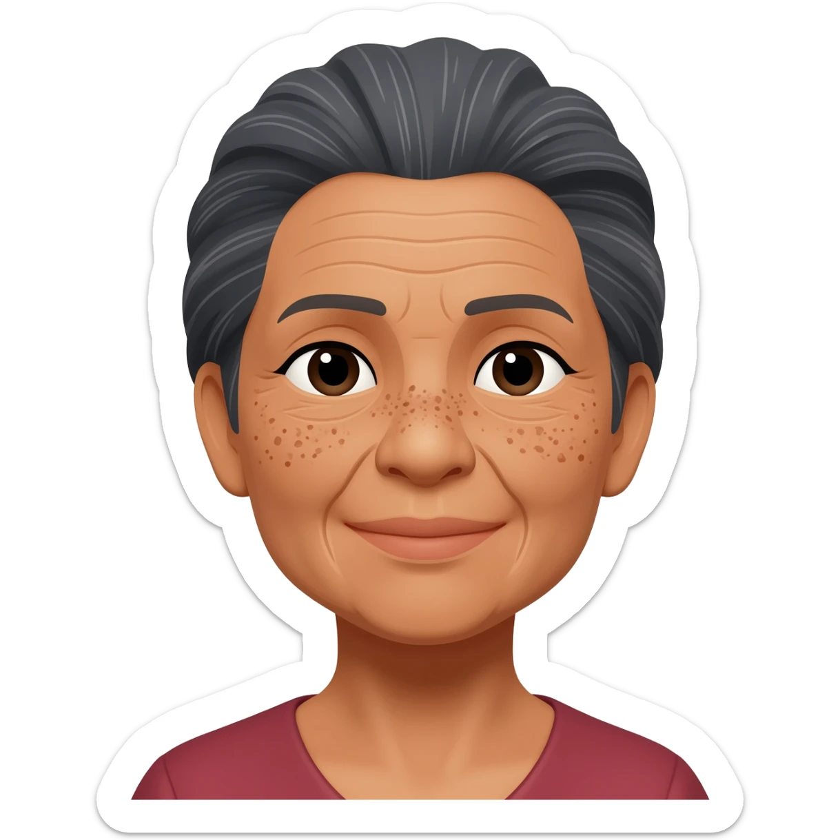 grandma, very hair, tan, dark grey hair, filipina, freckles all over face sticker