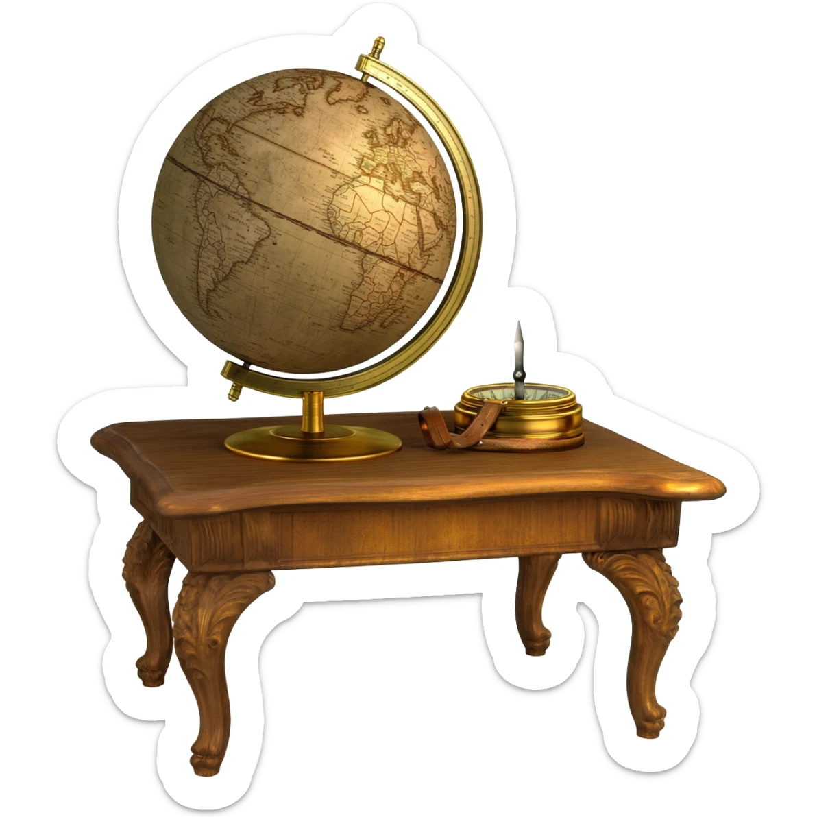 An antique geographic globe beside a vintage brass compass on an old wooden desk, warm lighting, historical exploration theme sticker