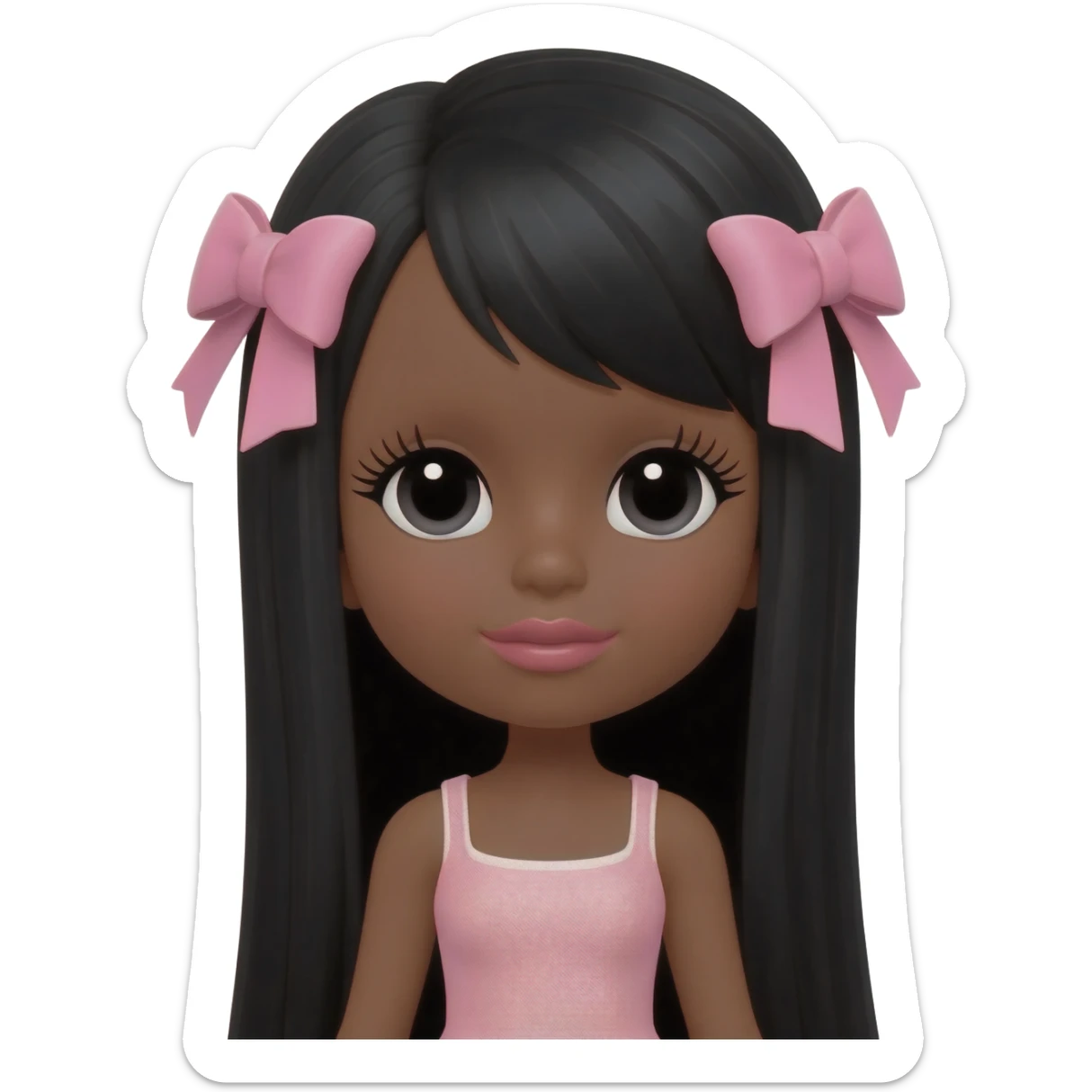Doll with darkbrown skin with long black hair with pink bows, lashes, cute lips sticker