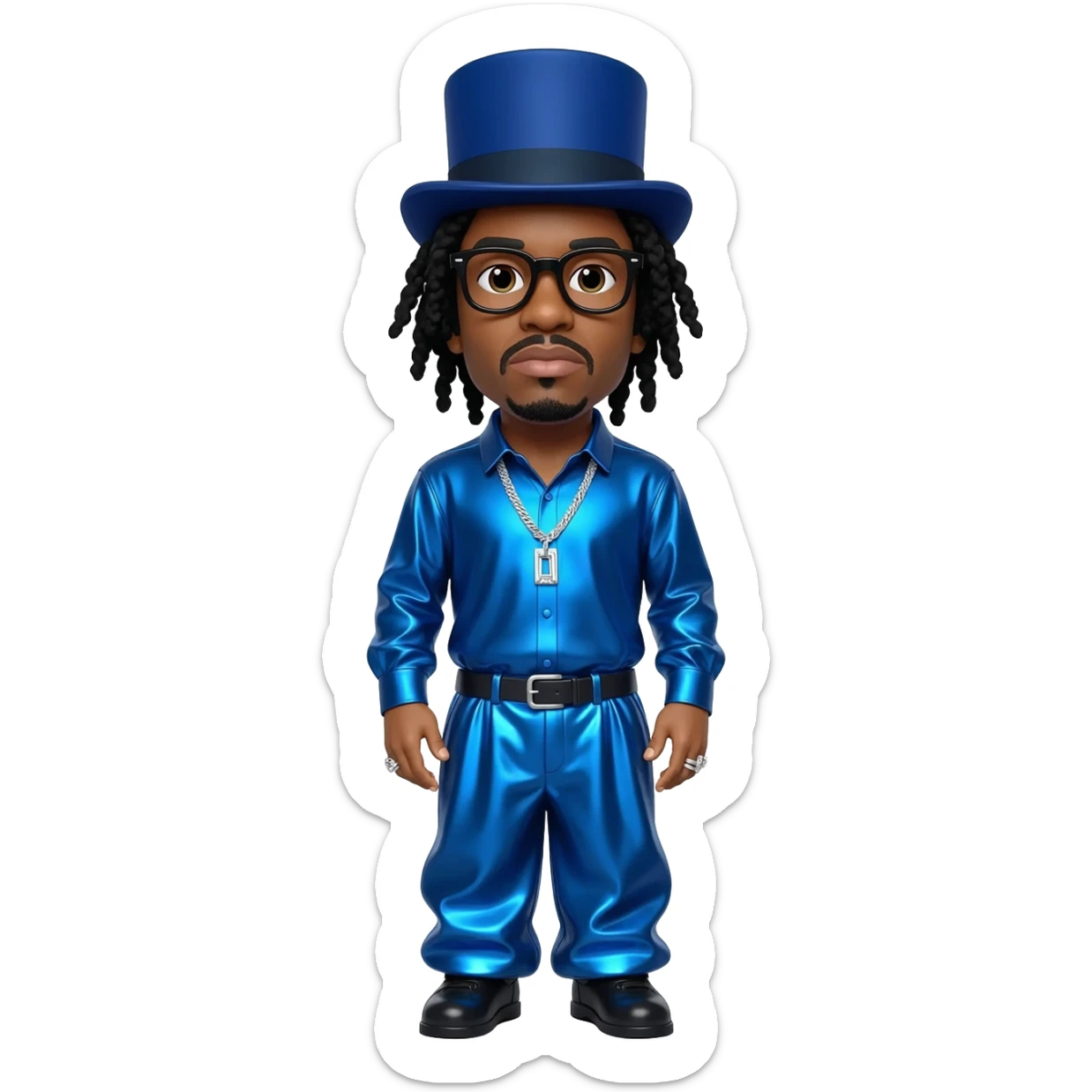 Flavor Flav with black hair, indigo top hat, black glasses, indigo metallic shirt, indigo metallic baggy pants, silver necklace sticker