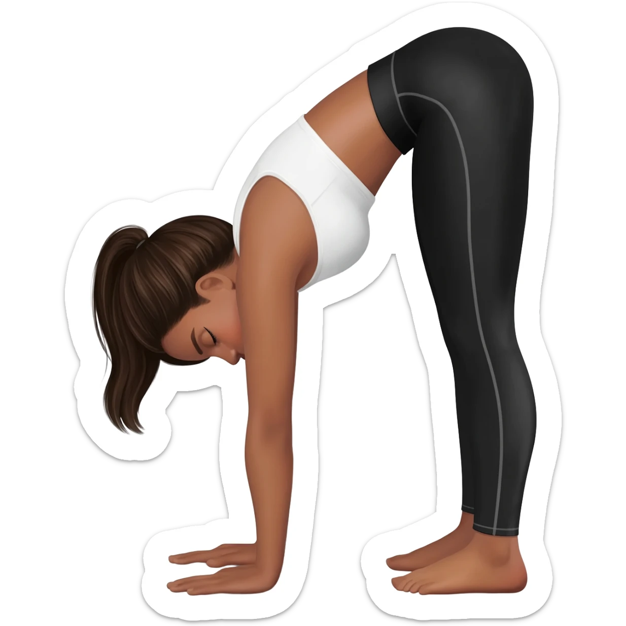 Девушка белокожая с правильным пропорциями тела стоит в позе собака мордой вниз, только человек, с длинными темными волосами, в коротком белом топе, в черных лосинах, с черными ресницами sticker