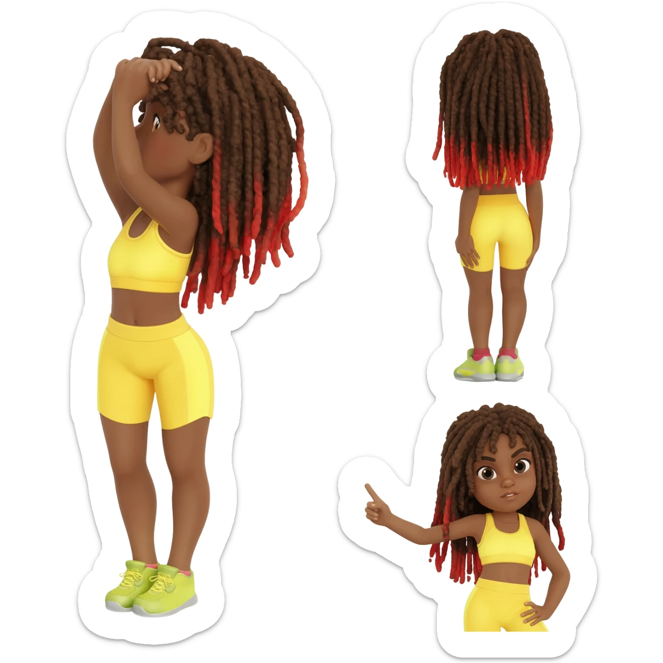 African American girl with long brown dreadlocks with red tips, In yellow working out clothes in various work out poses sticker