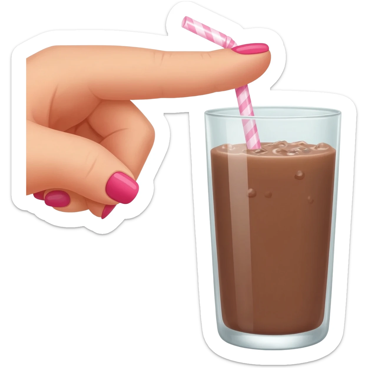 chocolat froid dans un grand verre avec une paille tenue par le bout d'une jolie main de femme avec une belle manucure Style Pinterest réaliste Avec une bordure blanche rendu ultra réaliste sticker