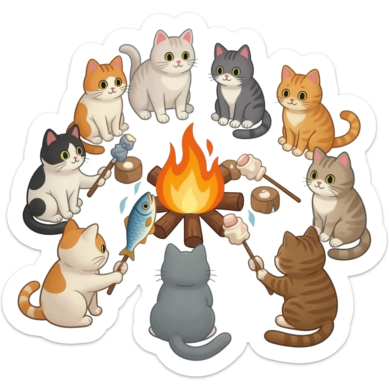 I want 10 cats front of a campfire who are enjoying and they r doing marshmallows and all or some are coking fish sticker
