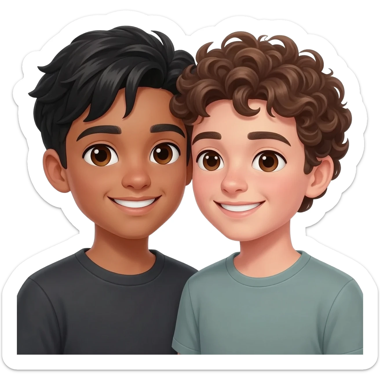 2 boys in love one tan black hair one flare skinned and brown curly hair, both with dark brown eyes sticker
