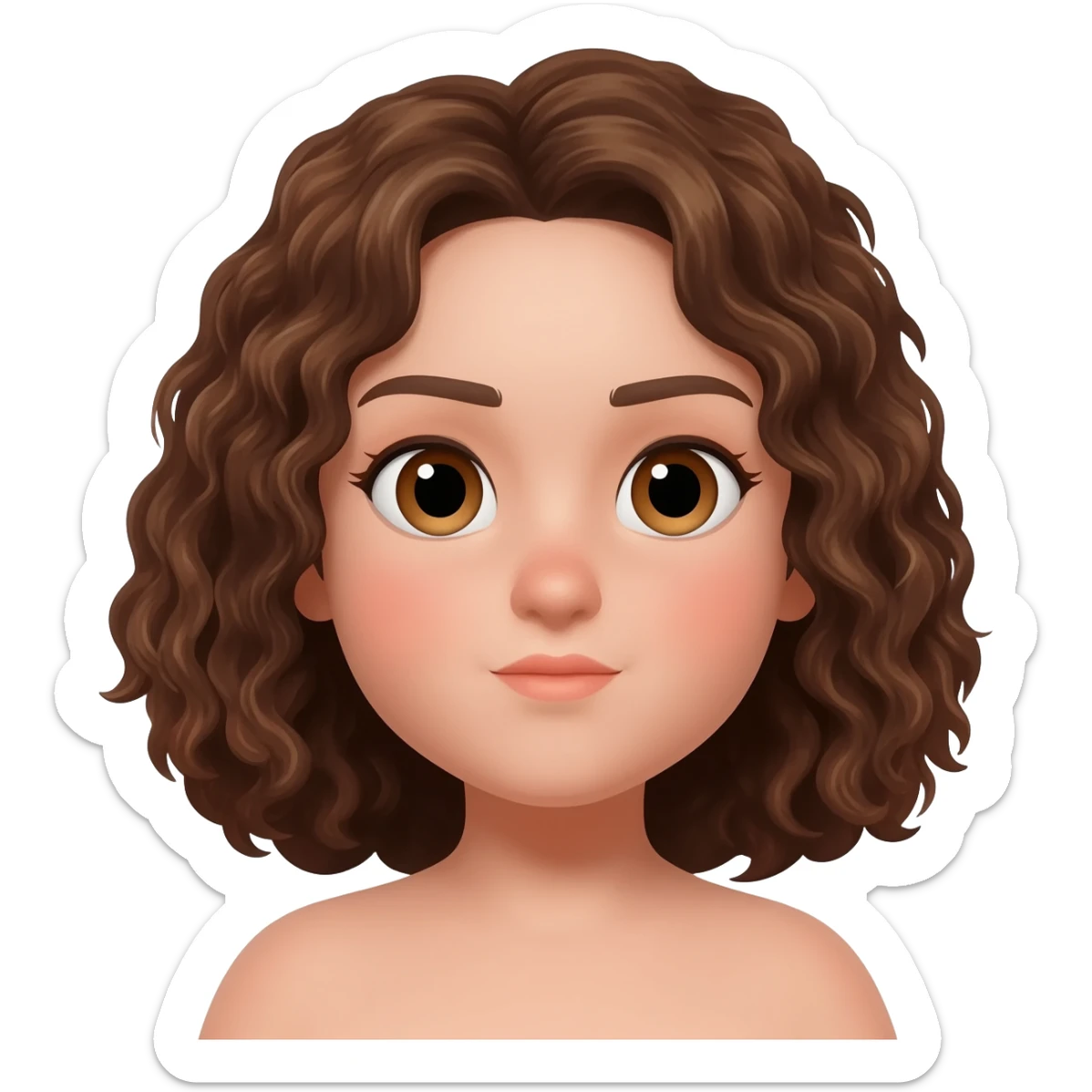 white girl with brunette curly hair at a shoulder lenght and light brown eyes, a little fat but just a little sticker