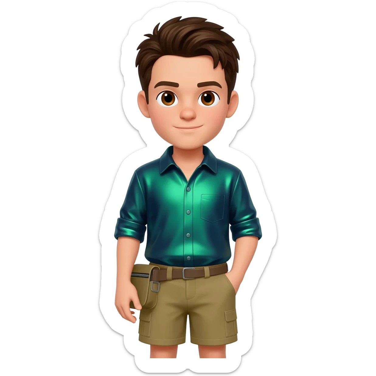 Chris Kratt with brown eyes, dark brown hair, green blue metallic shirt, khaki metallic baggy shorts sticker