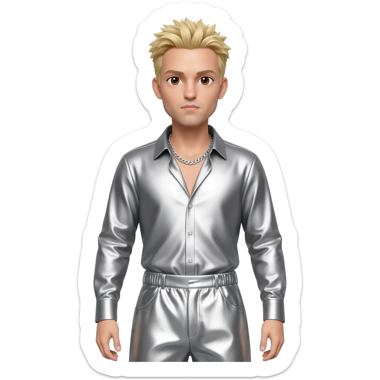 Bill Kaulitz with brown eyes, blonde hair, silver metallic shirt, silver metallic baggy pants, silver necklace sticker