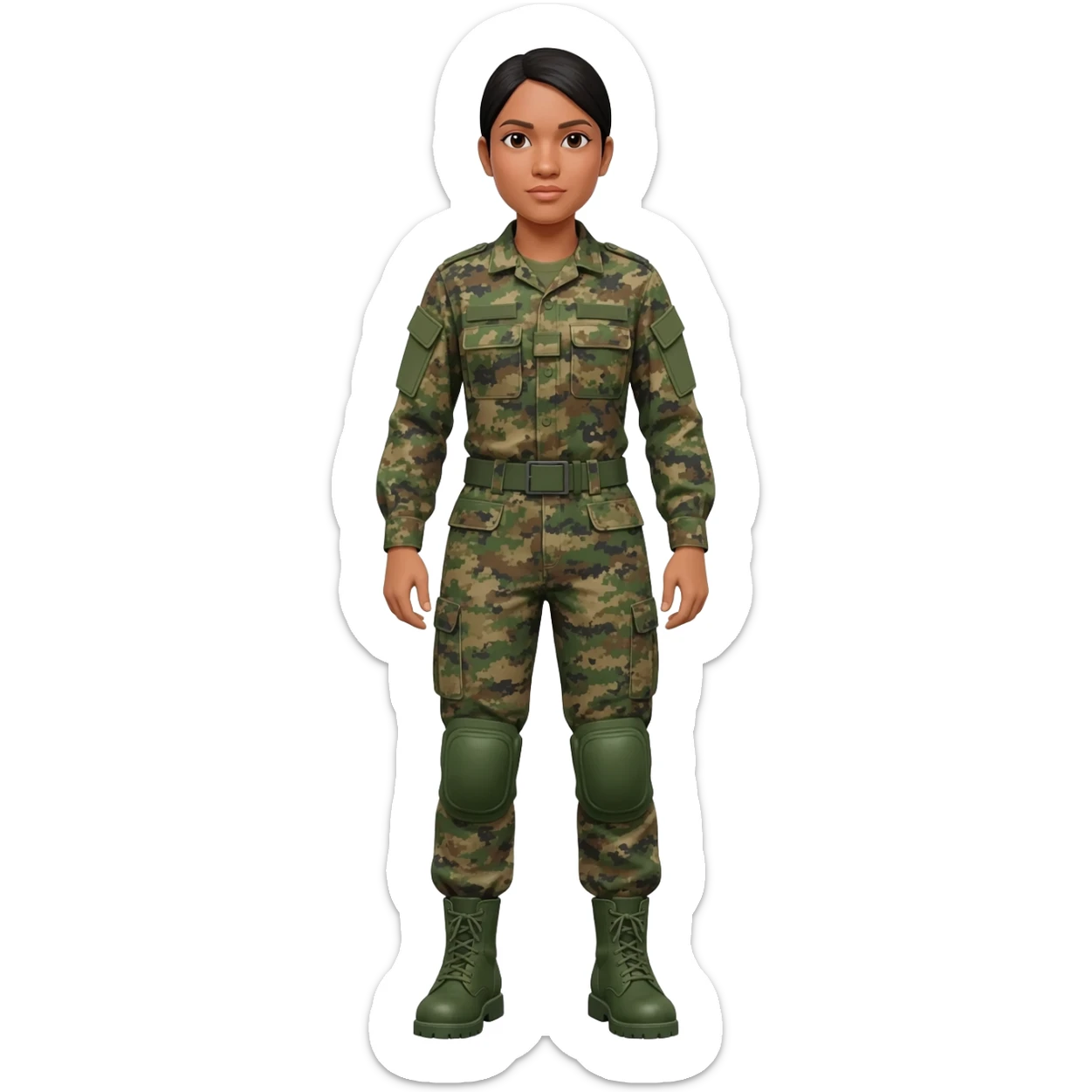 Filipino female army soldier bdu camo with green combat boots no plate carrier and no belt no knee pads long sleeve sticker
