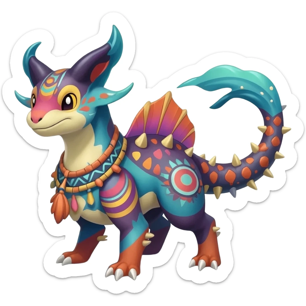 Colorful Exotic La Creatura Pokémon-Fakémon-hybrid-creature (full body) with tribal intricate splash-markings and patterns and furs and scales and spikes and fins and horns  sticker
