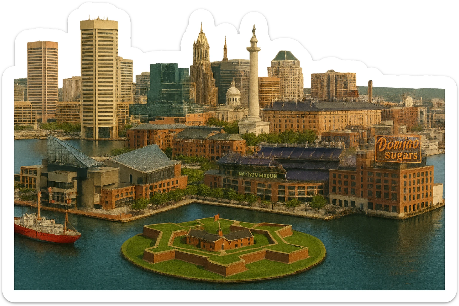 cinematic realistic emoji of Baltimore city view featuring Inner Harbor, National Aquarium, Fort McHenry, Oriole Park at Camden Yards, M&T Bank Stadium, Baltimore Basilica, Washington Monument (Baltimore), Domino Sugars sign, lifelike detail, accurate colors, bright daytime, no sky, no clouds, transparent background sticker