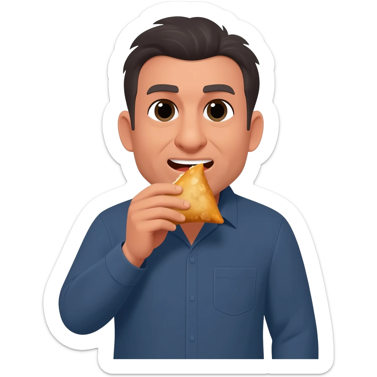 Handsome dark haired man in mid 40s eating a samosa sticker