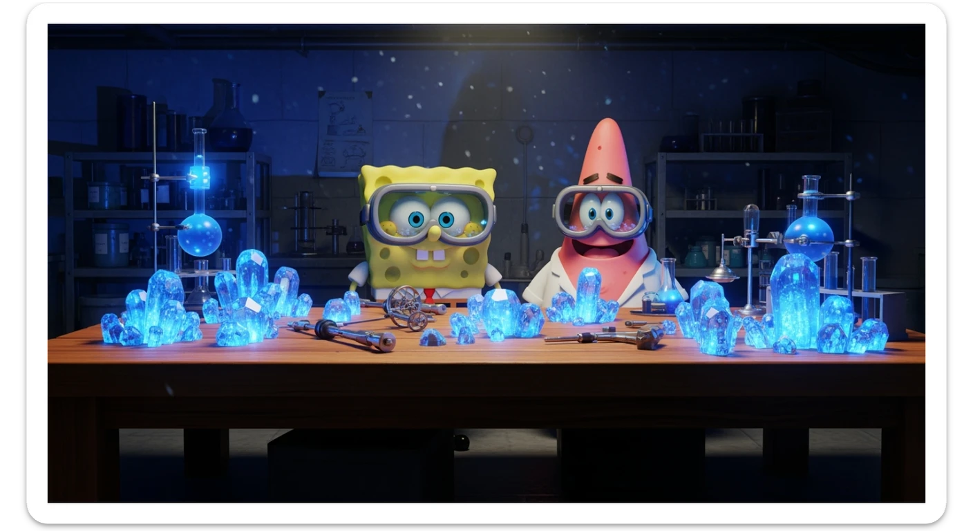 3D cienmatic cartoon shot, spongebob and patric dress in safety glasses and safe white outfit, the are standing front of table with blue crystals on table glowing (light source) science room in basement, back light, Cinema 4d render, proffesional lightning, blue colors sticker