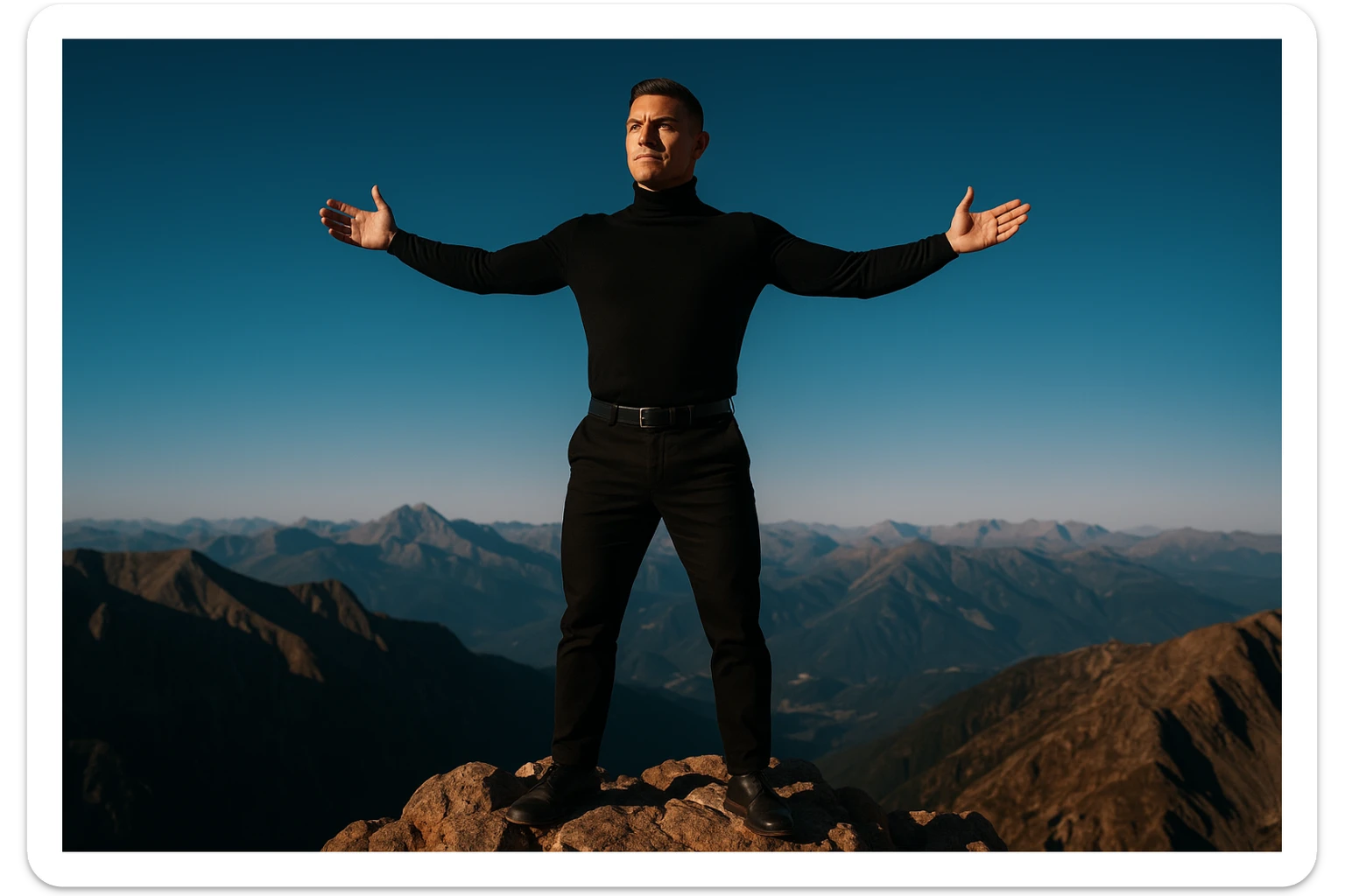 uomo che arriva in cima alla vetta accogliendo le sfide della vita e le supera senza paura, iperrealistica cinematografica 4k sticker