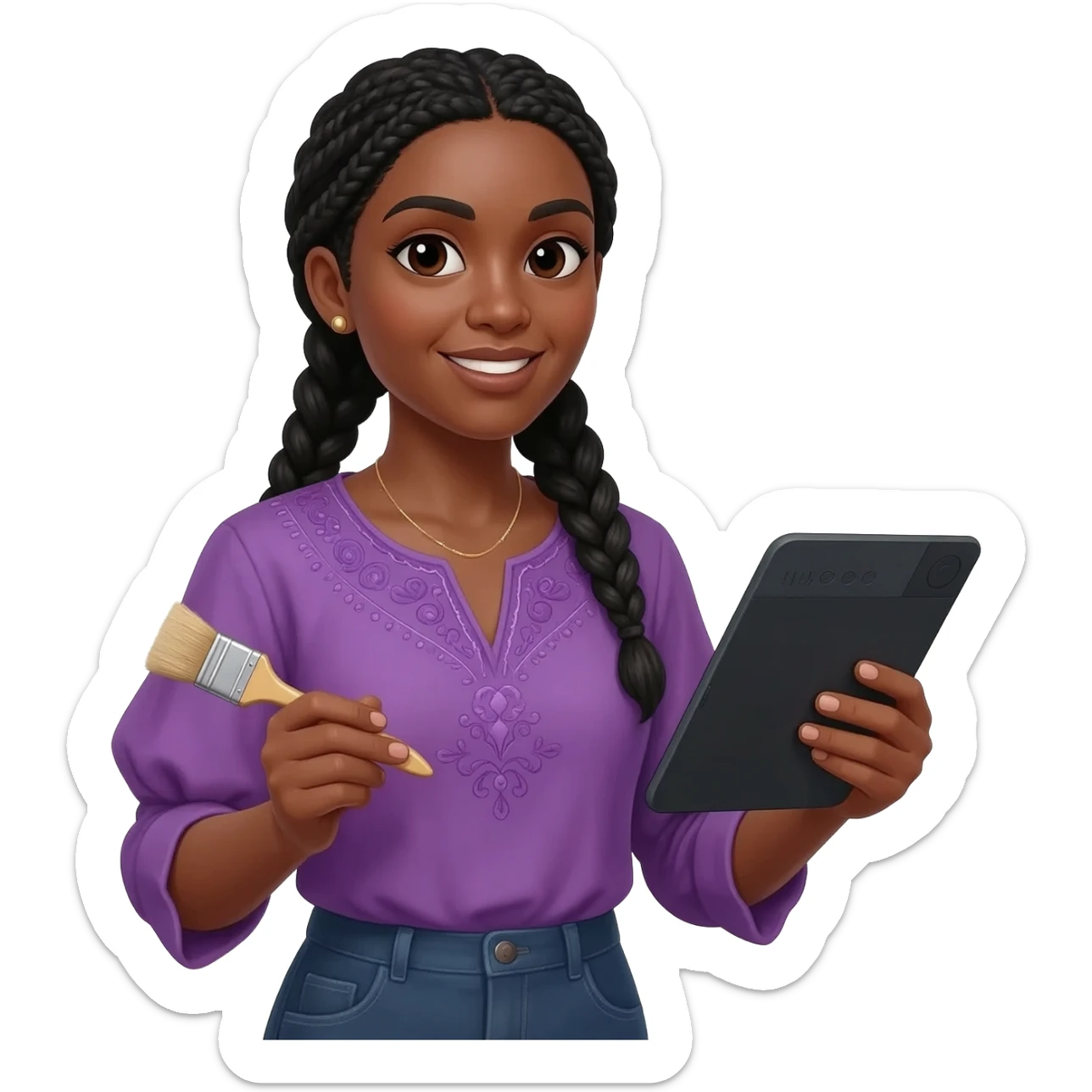 Emoji représentant une femme à la peau marron avec de longues braids noires et portant une belle chemise violette, tenant une tablette graphique dans une main et un pinceau dans l’autre sticker