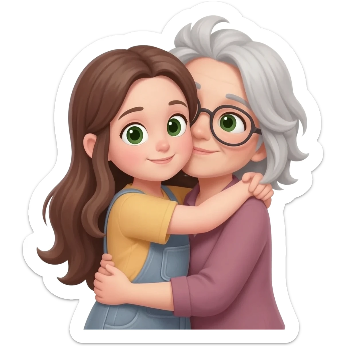 MUJER MAESTRA, PELO GRIS, MOÑO INFORMAL DESPEINADO, OJOS VERDES CARA OVALADA ABRAZA A NIÑA MORENA PELO LARGO sticker