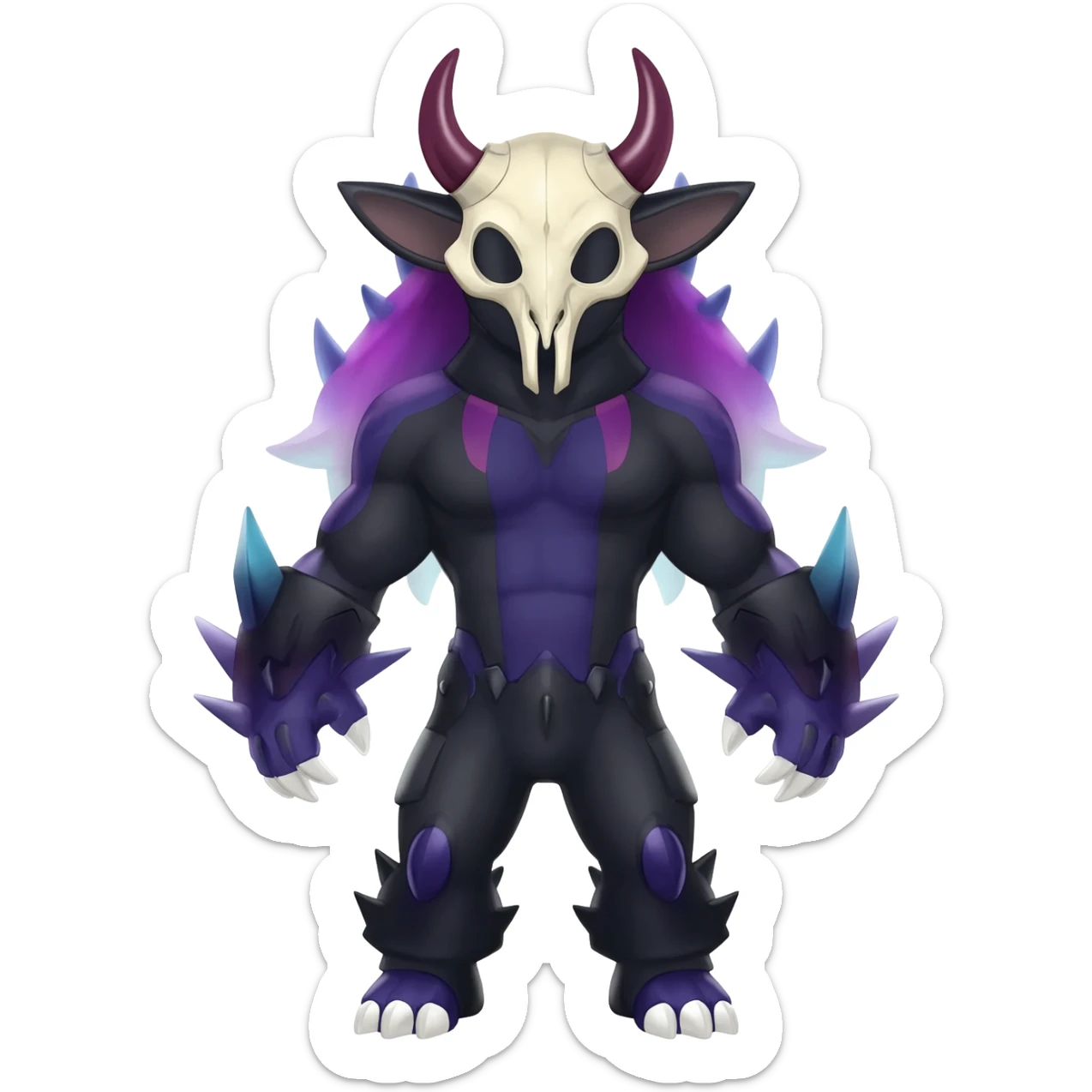 Shiny Dark Edgy  Duskull-Salandit-Inteleon-Amaura-Fakémon-hybrid-creature (full body) with a horned animal-skull-mask sticker