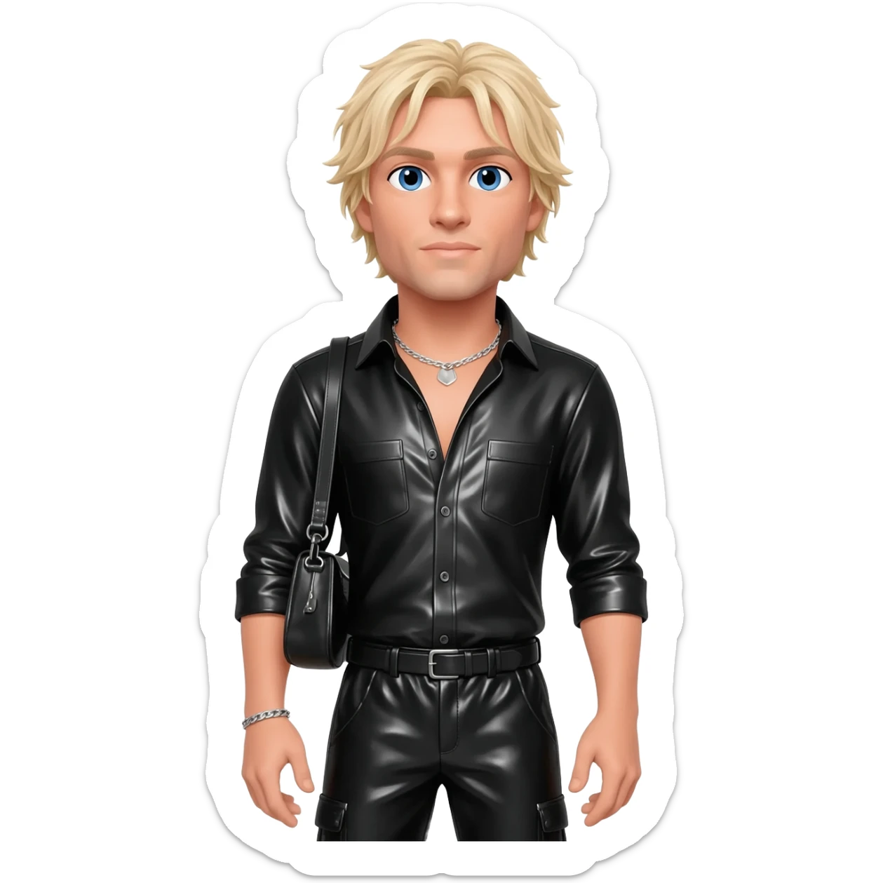 Nicky Byrne from Westlife with blue eyes, blonde hair, black metallic shirt, black metallic baggy pants, silver necklace sticker