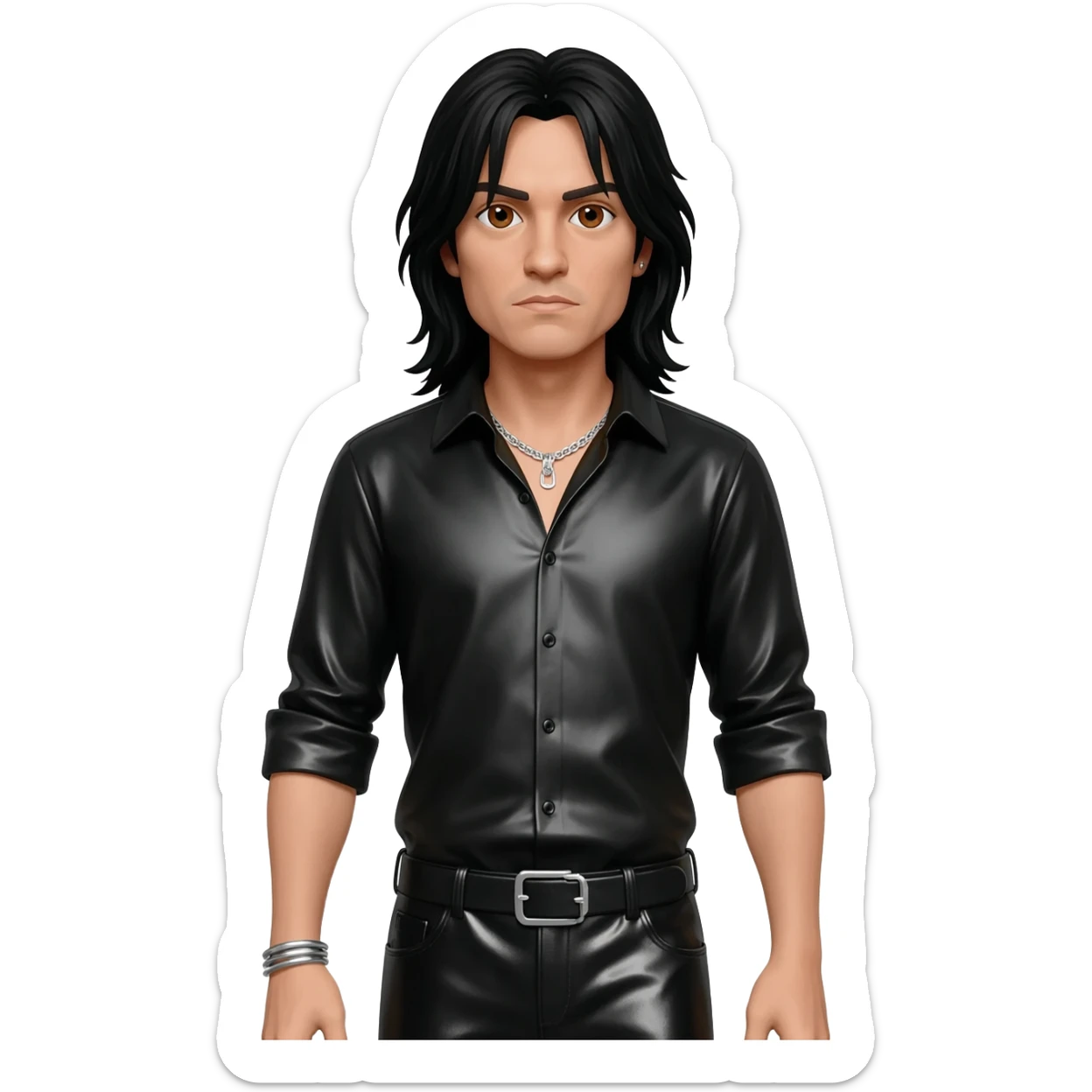 Joey Belladonna with brown eyes, long black hair, black metallic shirt, black metallic baggy pants, silver necklace sticker