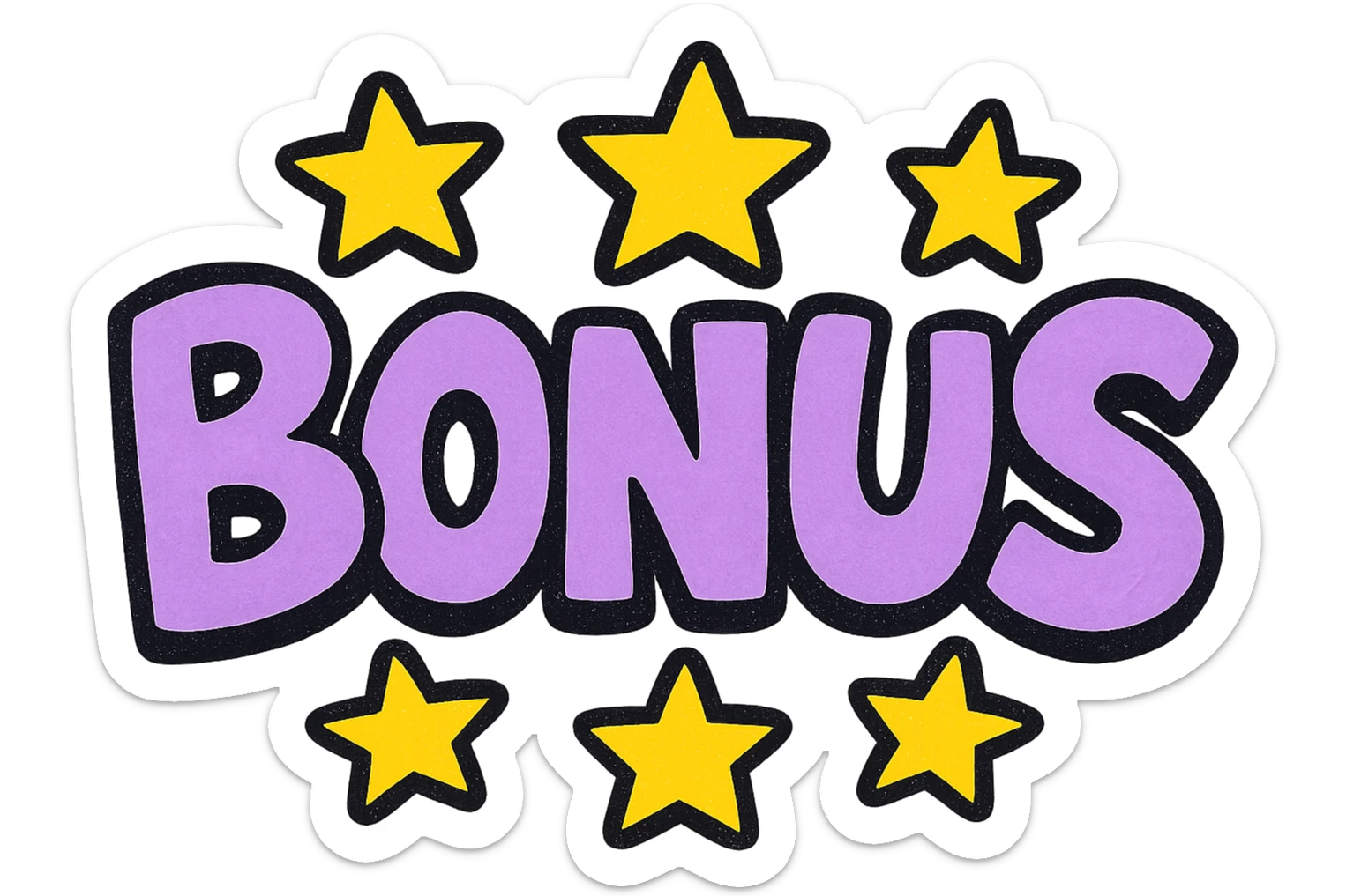 the word BONUS in large letters, all the same vibrant color, surrounded by stars, no background or sign behind, just the letters and stars, vibrant cartoon style QUIERO EXACTAMENTE IGUAL SOLO QUE LAS LETRAS DEBEN SER VIOLETA PASTEL Y LAS ESTRELLAS AMARILLAS sticker