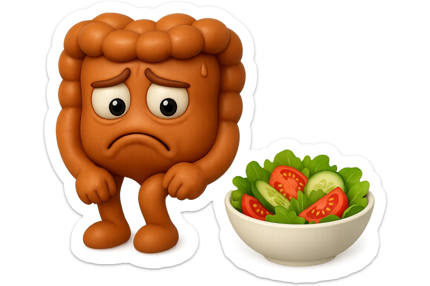 EMOJI STILE IPHONE DI UN INTESTINO UMANO ANATOMICO CHE GUARDA UN INSALATA CON ESPRESSIONE TRISTE E RASSEGNATA IN VOLTO: SOFFRE LA FAME PERCHé è A DIETA, FAGLI ANCHE LA PARTE BIANCA DEGLI OCCHI, NON SOLO LE PUPILLE, IPERREALISTICO 4K sticker