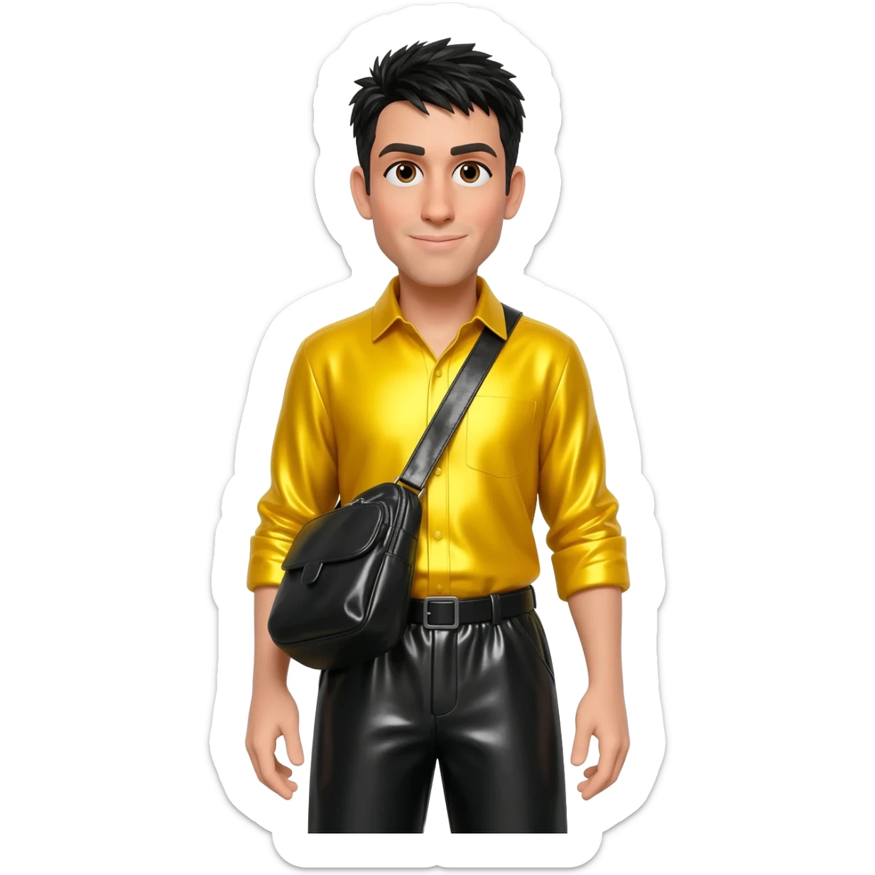 Greg Page from The Wiggles with hazel eyes, black hair, yellow metallic shirt, black metallic baggy pants sticker