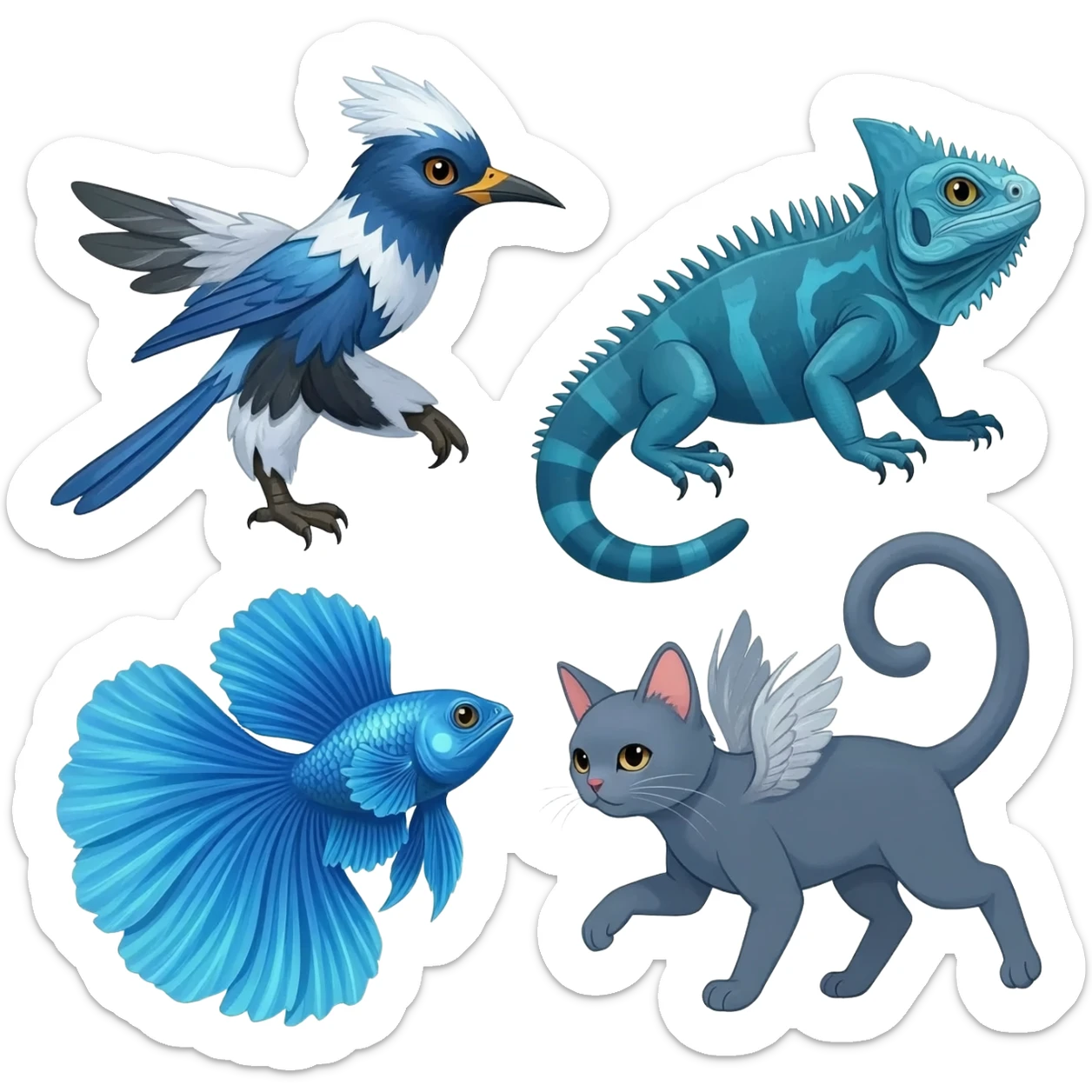 Mountain-Blue-Bird-Blue-Iguana-Blue-Betta-Fish-Russian-Blue-Cat-Fusion-animal-hybrid-creature sticker