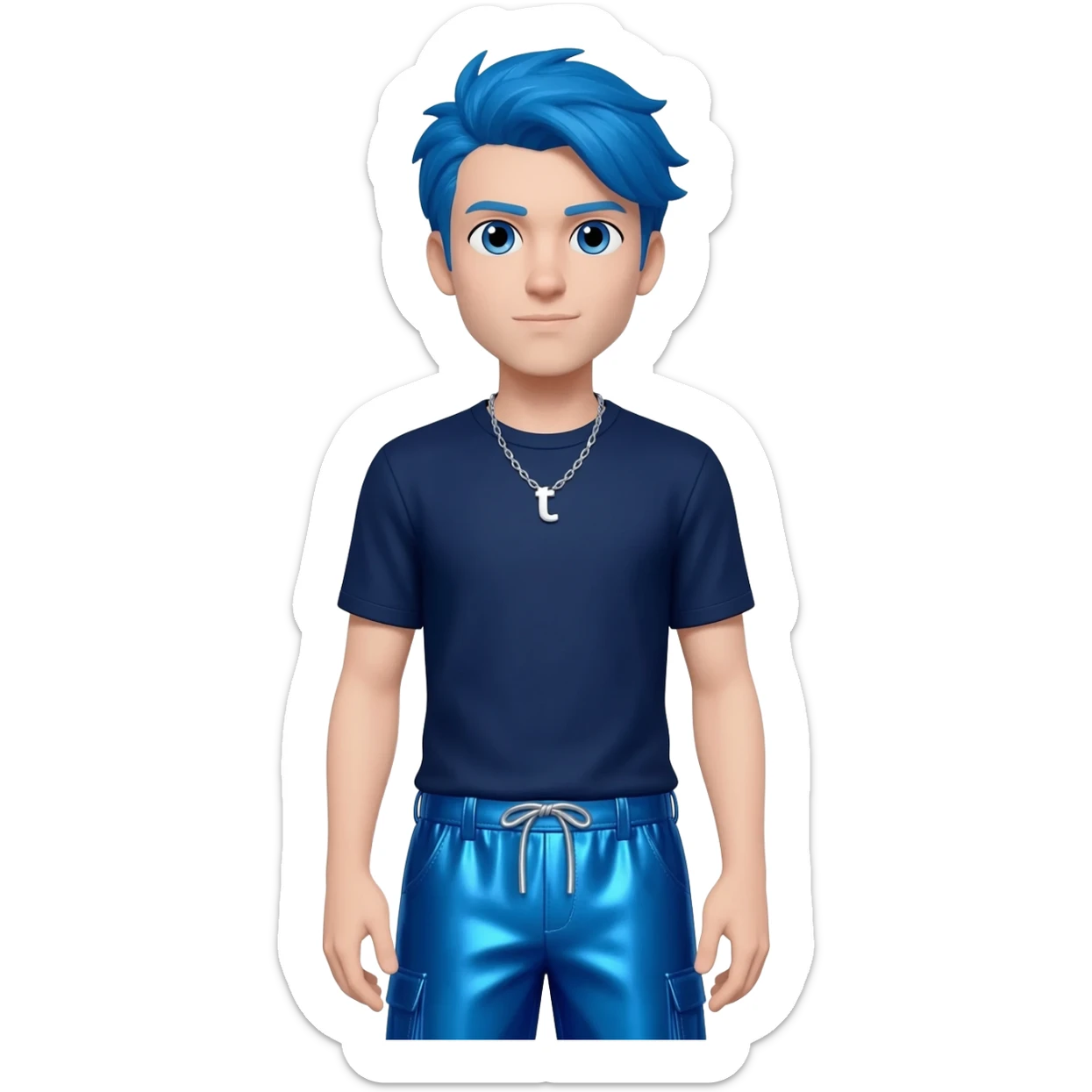 DanTDM with blue eyes, blue hair, navy blue metallic t-shirt, cobalt blue metallic baggy pants, silver necklace sticker