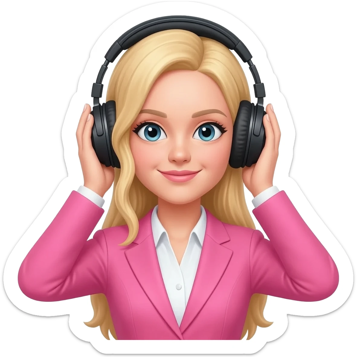 Woman in blonde hair and pink suit wear a black headphones on head connect to pink iphone max pro and hold on headphones on head with hands on headphones sticker