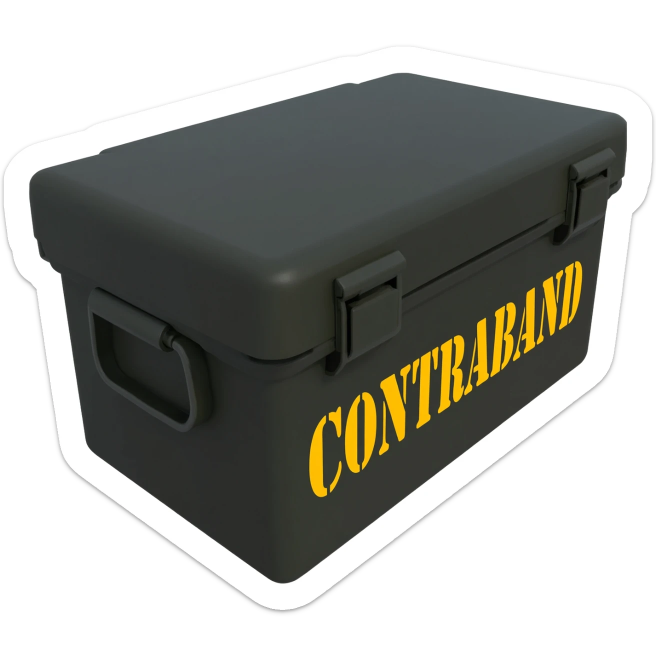 black military ammo box view from 35 degres with a yellow text on it "CONTRABAND" sticker