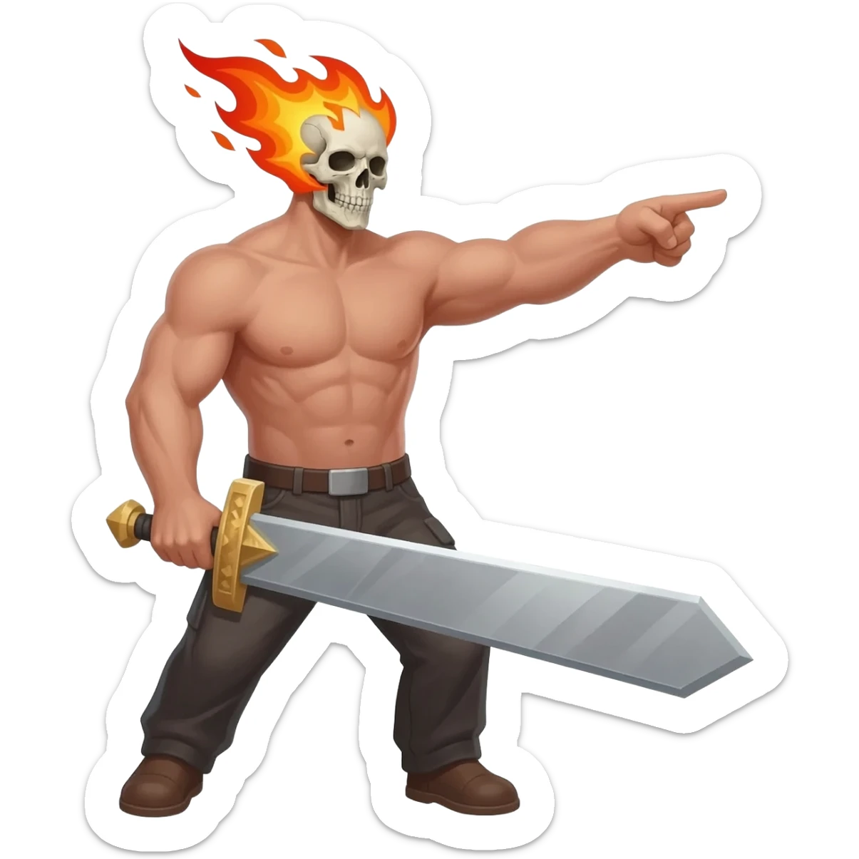 A 4 stage sprite sheet of a man with a burning skull head, show the 4 stages of him attacking with his large sword, shirtless, full body pointing right sticker