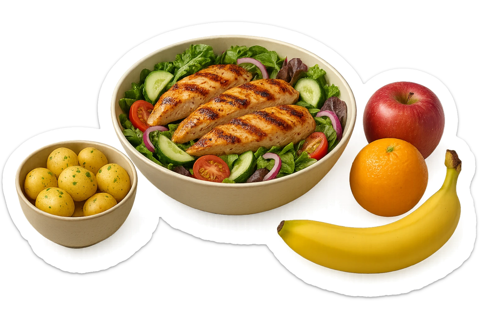 insalate con petto di pollo grigliato e bowl di patate cotte poggiate per terra e frutta fresca, iperrealistico 4k sticker