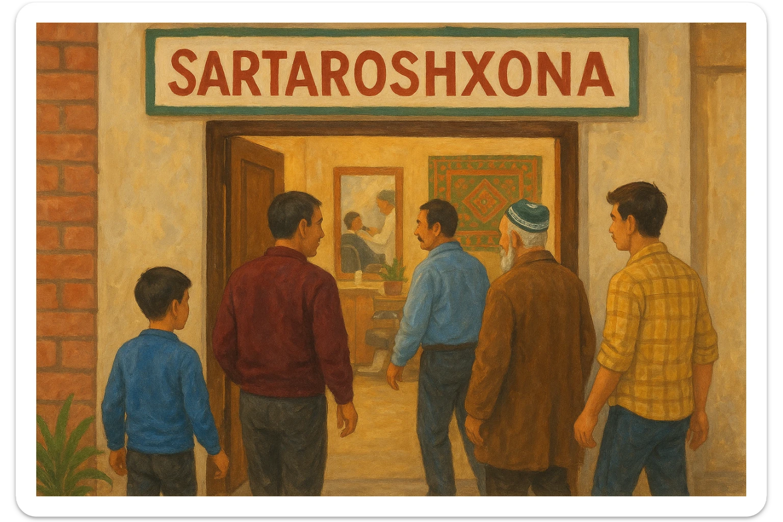 Sartaroshxonaga kirib kelayotgan mijozlar sticker