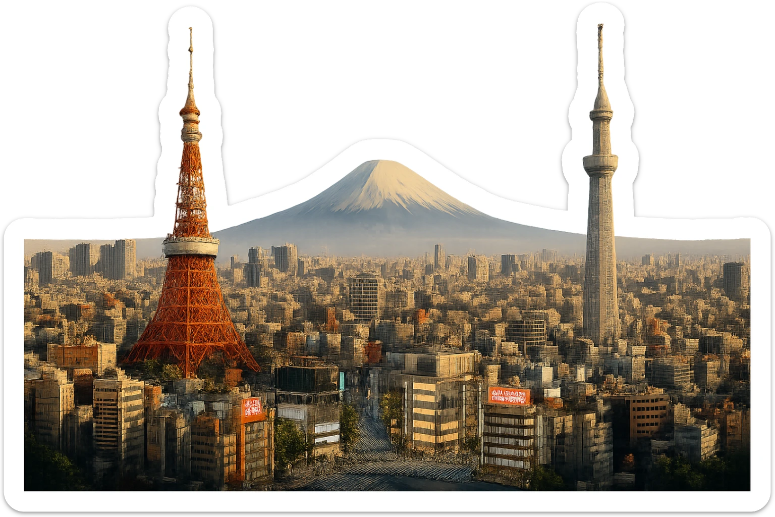 cinematic, realistic emoji of Tokyo skyline featuring iconic landmarks such as Tokyo Tower, Skytree, Shibuya Crossing, and Mount Fuji in the background, lifelike detail, accurate colors, bright lighting, wide city view, no sky, fully transparent background sticker