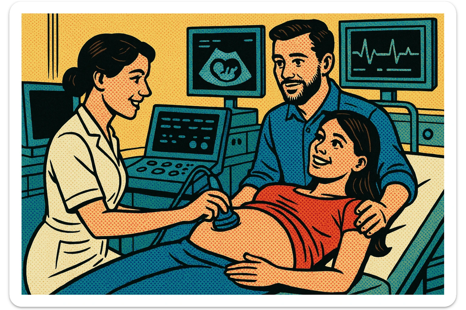 A nurse giving a pregnant young woman an ultrasound scan in a modern hospital with her husband by her side and in the background heart rate monitors and blood pressure sticker