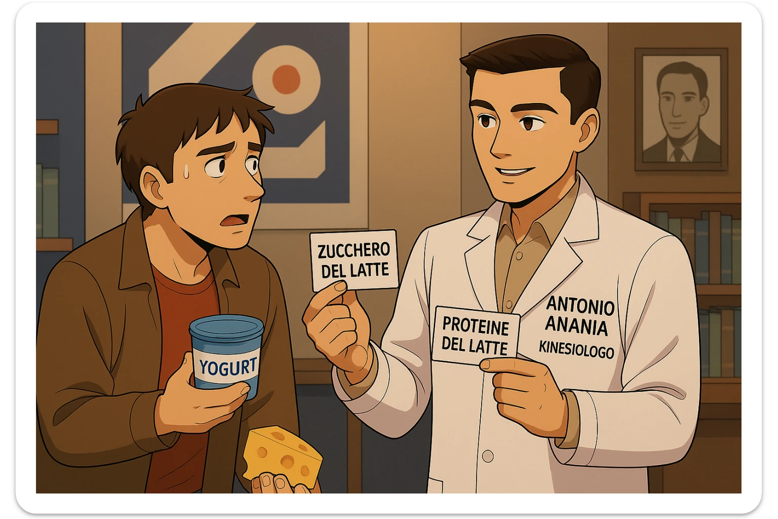 fai un webtoon manga a colori con questo stile, in cui un uomo fa una domanda al kinesiologo con il camice bianco (fagli anche la scritta "ANTONIO ANANIA" SUL CAMICE, l'uomo chiede una cosa mostrando un formaggio e uno yogurt al kinesiologo con il camice, IL KINESIOLOGO annuisce e SPIEGA ALL'UOMO UNA cos. L'UOMO ha un ESPRESSIONE CONFUSA IN VOLTO. non fare i fumetti però, fai solo in modo che sembri stiano parlando sticker