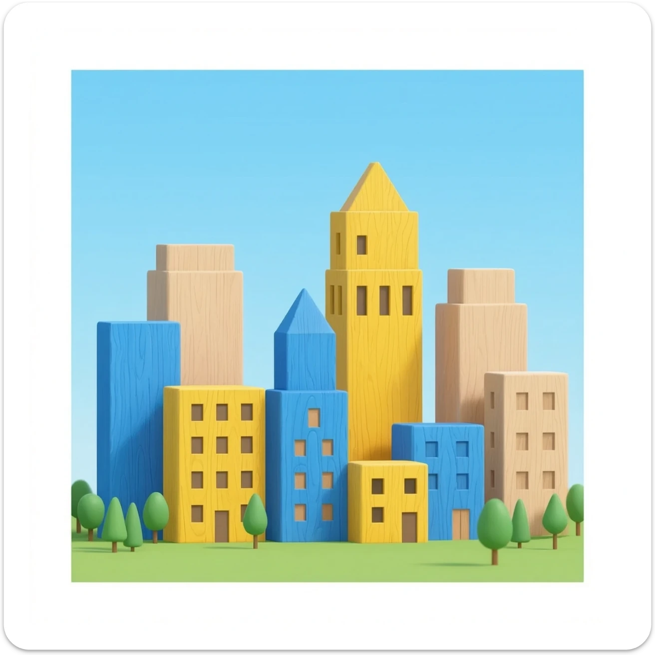 Create a light wooden city skyline toy, alternating with blue wooden buildings, yellow wooden buildings and neutral colored buildings sticker