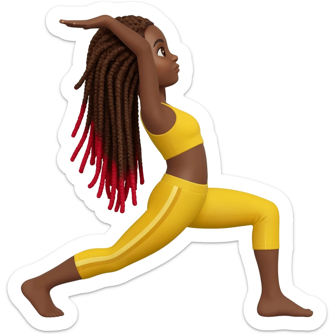 African American girl with long dreadlocks brown with red tips,  In yellow working out clothes in various Pilates sticker