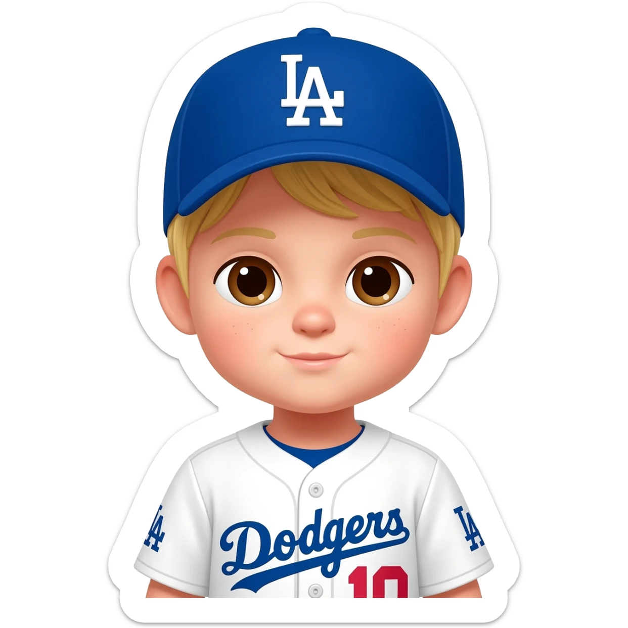 toddler in a dodgers uniform with baseball cap blonde hair brown eyes sticker