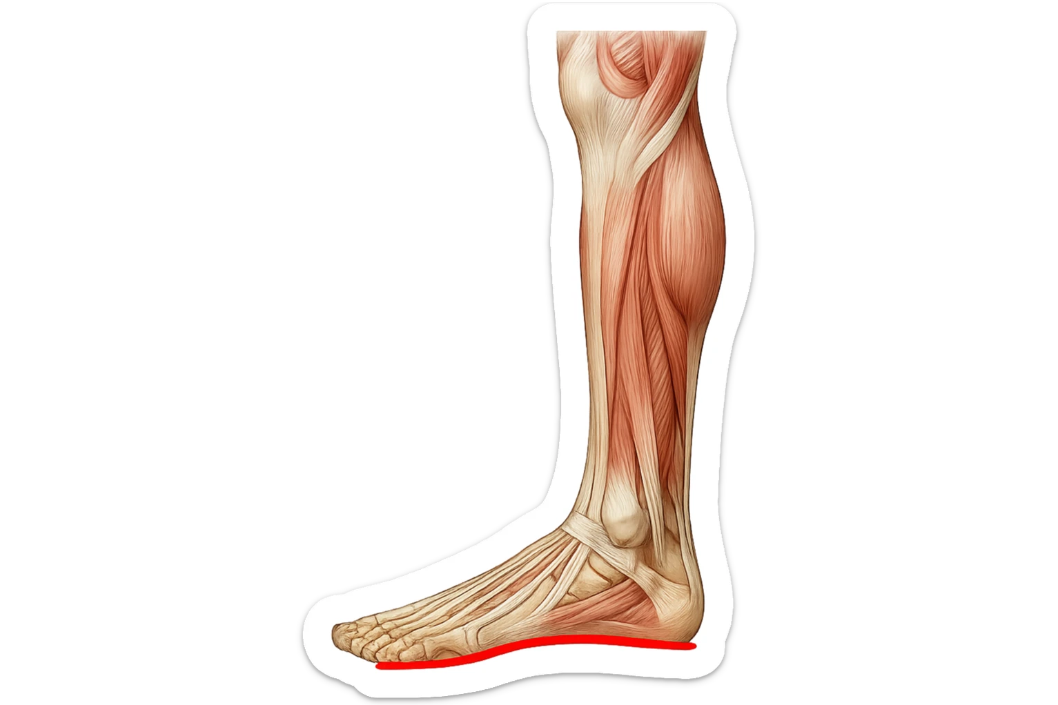 spazio dall'avampiede al tallone umano sottolineato in rosso, fai l'arto umano anatomico realistico con evidenza su quel tratto sticker
