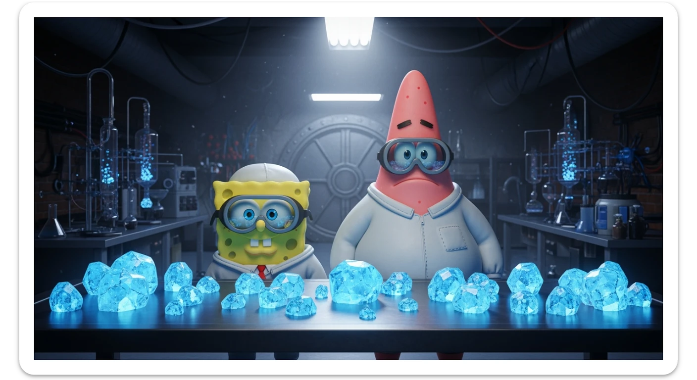 3D cienmatic cartoon shot, spongebob and patric dress in safety glasses and safe white outfit, the are standing front of table with blue crystals on table glowing (light source) science room in basement, back light, Cinema 4d render, proffesional lightning sticker