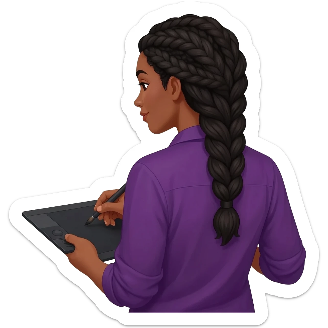 Emoji représentant une femme à la peau marron avec de longues braids noires et portant une belle chemise violette, tenant une tablette graphique dans une main et un pinceau dans l’autre sticker