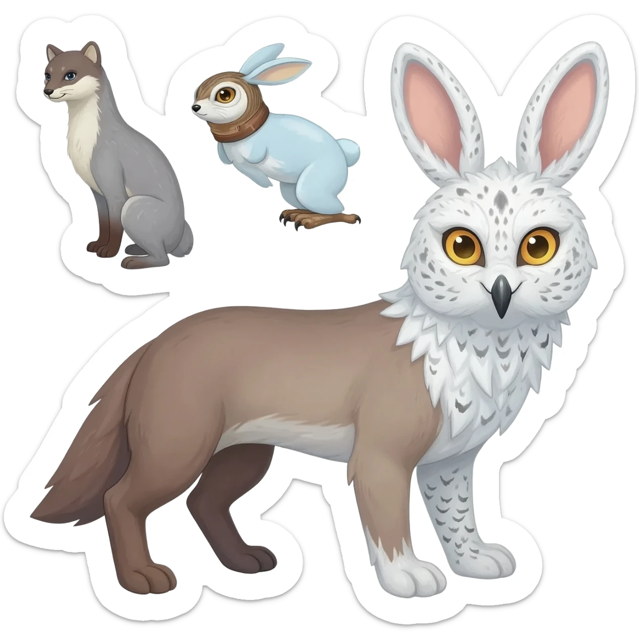 Ermine-Snowshoe-Hare-Arctic-Fox-Snowy-Owl-fusion-hybrid sticker