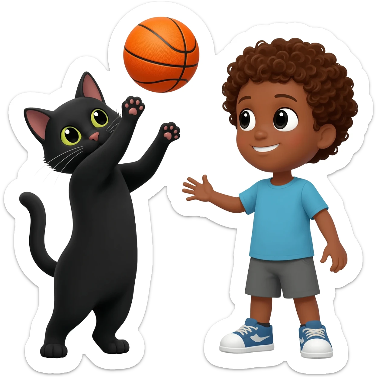Black cat playing with orange basketball and a little boy with curly hair sticker